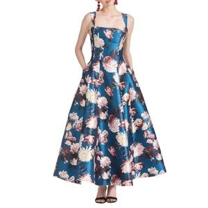Sachin & Babi Audrey Gown Teal Garden Floral Dress Sleeveless Satin Size 8 New